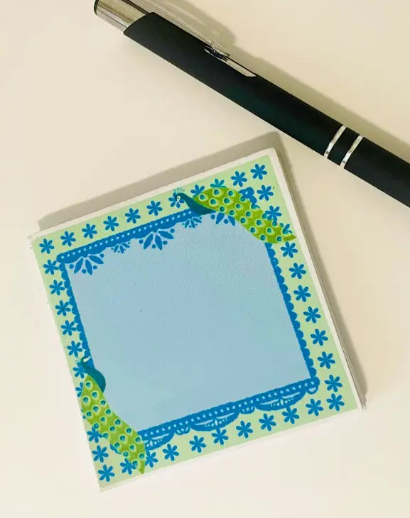 Peacocks 3 by 3 inch Note Pad, blue with green border, peacock in upper right and bottom left corner, blue flower border, not a sticky note pad, Pyari Paper Shop