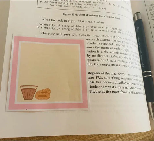 Chai and Biscuit Note Pad, 3 by 3 inch, beige sheet with pink and white border, glass of chai with two cookies in bottom left corner, 50 sheets, not a sticky pad, Pyari Paper Shop