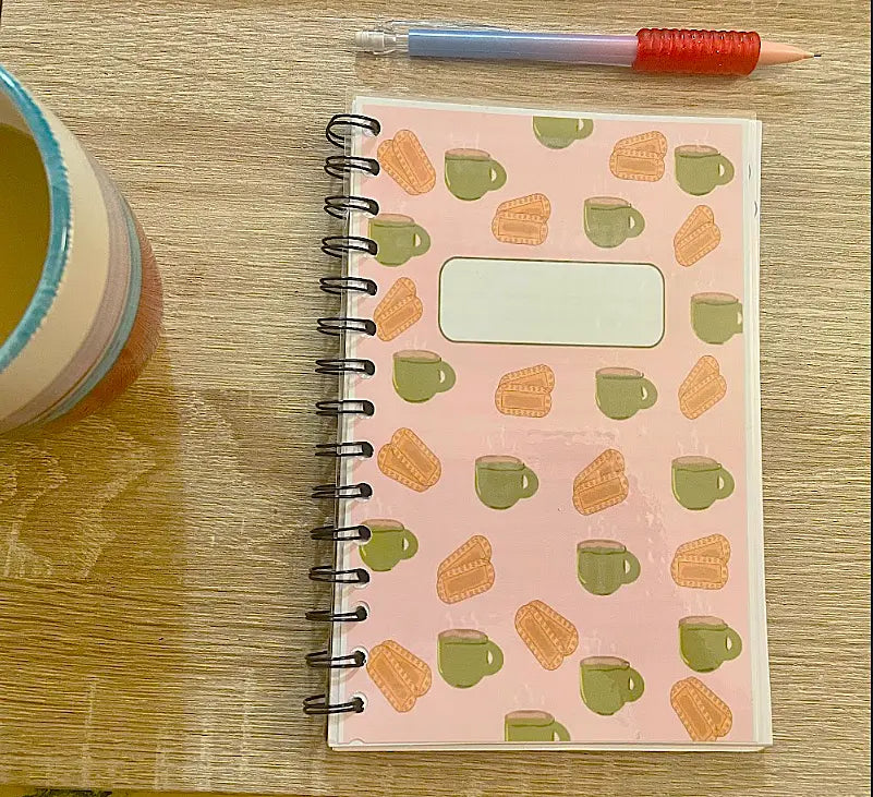 5 by 8 inch spiral notebook journal, Chai and cookies pattern on a blush pink background,  Pyari Paper Shop