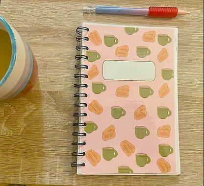 5 by 8 inch spiral notebook journal, Chai and cookies pattern on a blush pink background,  Pyari Paper Shop