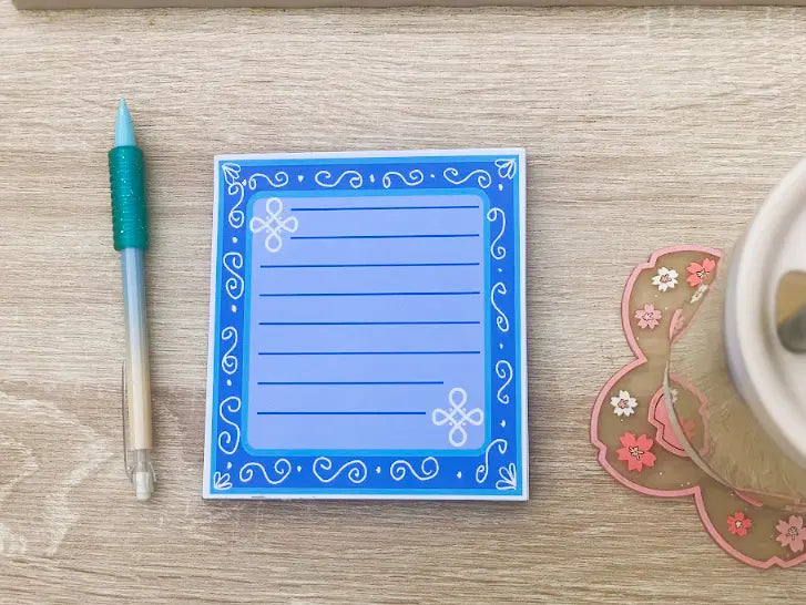 Kolam, Indian Rangoli design, 4.5 by 5.5 inch Memo Pad, blue page, dark blue border, kolam design in white, lined page, 50 sheets per pad, not a sticky note pad  Pyari Paper Shop