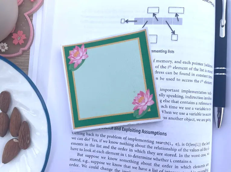 Lotus Note Pad, 3 by 3 inch, light green page with dark green border, gold line border, one pink lotus in upper left and bottom right, not a sticky note pad, Pyari Paper Shop