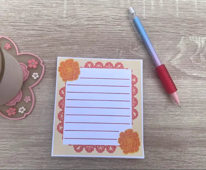 Marigolds Memo Pad, 4.5 by 5.5 inch, Mexican decoration border in red, orange marigolds, buttery yellow border, lined 50 sheets, Pyari Paper Shop