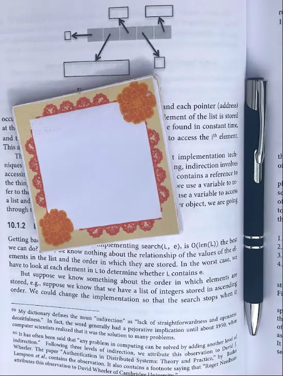 Marigolds Note Pad, 3 by 3 inch, white page yellow border with red mexican pattern, orange marigold in upper right and bottom left, 50 sheets not a sticky pad, Pyari Paper Shop