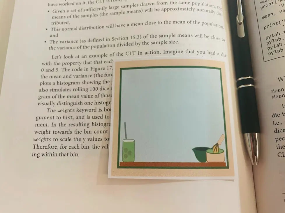 Matcha Note Pad, 3 by 3 inch, blue page with tan and dark green border, iced matcha with foam in bottom left, hot matcha and whisk in bottom right, 50 sheets, not a sticky note pad, Pyari Paper Shop