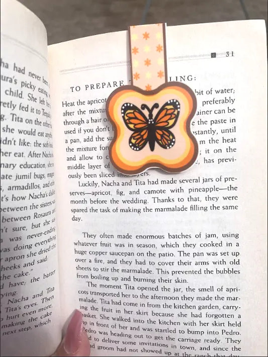 Monarch Butterfly, 2 by 3 inch Magnetic Bookmark, Orange, yellow, black and white butterfly on light yellow background, orange and brown border, orange and yellow flowers, Pyari Paper Shop