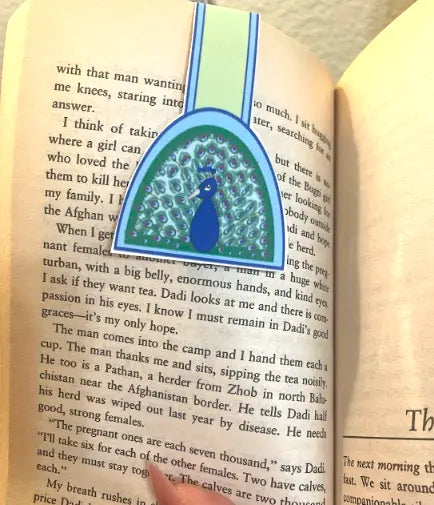 Peacock, 2 by 3 inch Magnetic Bookmark, blue background, light green, light blue border, half moon shaped, peacock feathers, Pyari Paper Shop